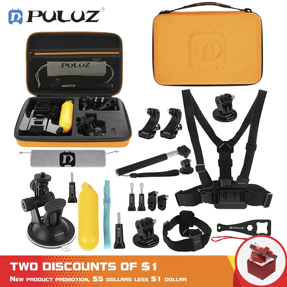 

PULUZ Combo Kits with Case (Suction Mount +Pivot Arm + J-Hook Buckles + Monopod + Tripod Adapter + Bobber Hand Grip) for GoPro