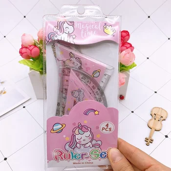 

4 Pcs/Set Cute Kawaii Cartoon Unicorn Straightedge Ruler Protractor Stationery Set Kids Gift Office School Supplies High Quality