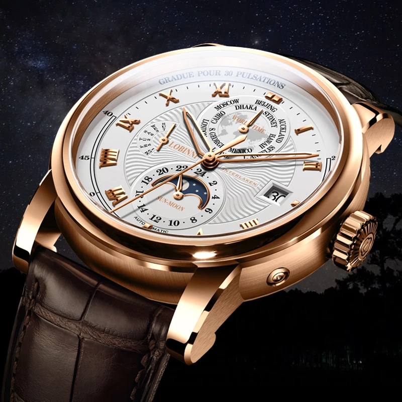 #Best LOBINNI Luxury Brand Automatic Mechanical Watches Man Leather 50m Waterproof Mens Skeleton Watch Rose Gold Sapphire Montre Homme