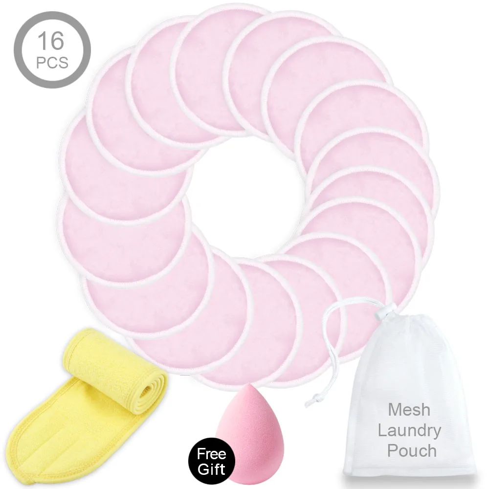 Моющиеся ватные диски, бамбуковые салфетки для снятия макияжа, многоразовые хлопковые подушечки для ресниц, повязка на голову, повязка для волос, спа-обертка для макияжа - Цвет: Pink Set 6