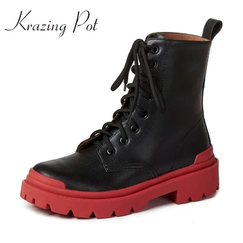 

krazing pot 2020 winter plus size real leather round toe high heel motorcycle boots young lady streetwear basic ankle boots Laf6