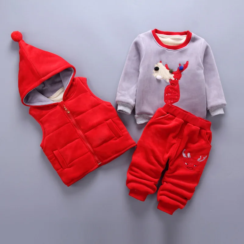 3 шт./компл. одежда на Рождество для малышей; очень теплая зимняя для маленьких мальчиков и девочек костюм свитер с ворсом на внутренней стороне+ жилет с капюшоном+ штанишки, детский утепленный костюм