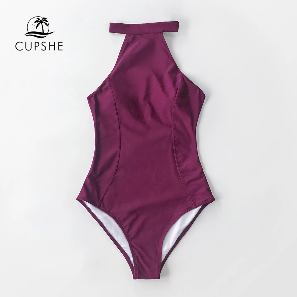 CUPSHE Purple High-Neck Halter One-Piece Swimsuit Women Sexy Lace Up Backless Monokini Girls Beach Bathing Suit Swimwear