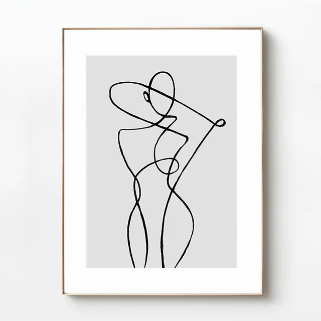 Abstract character line drawing decorative painting with white wood grain frame