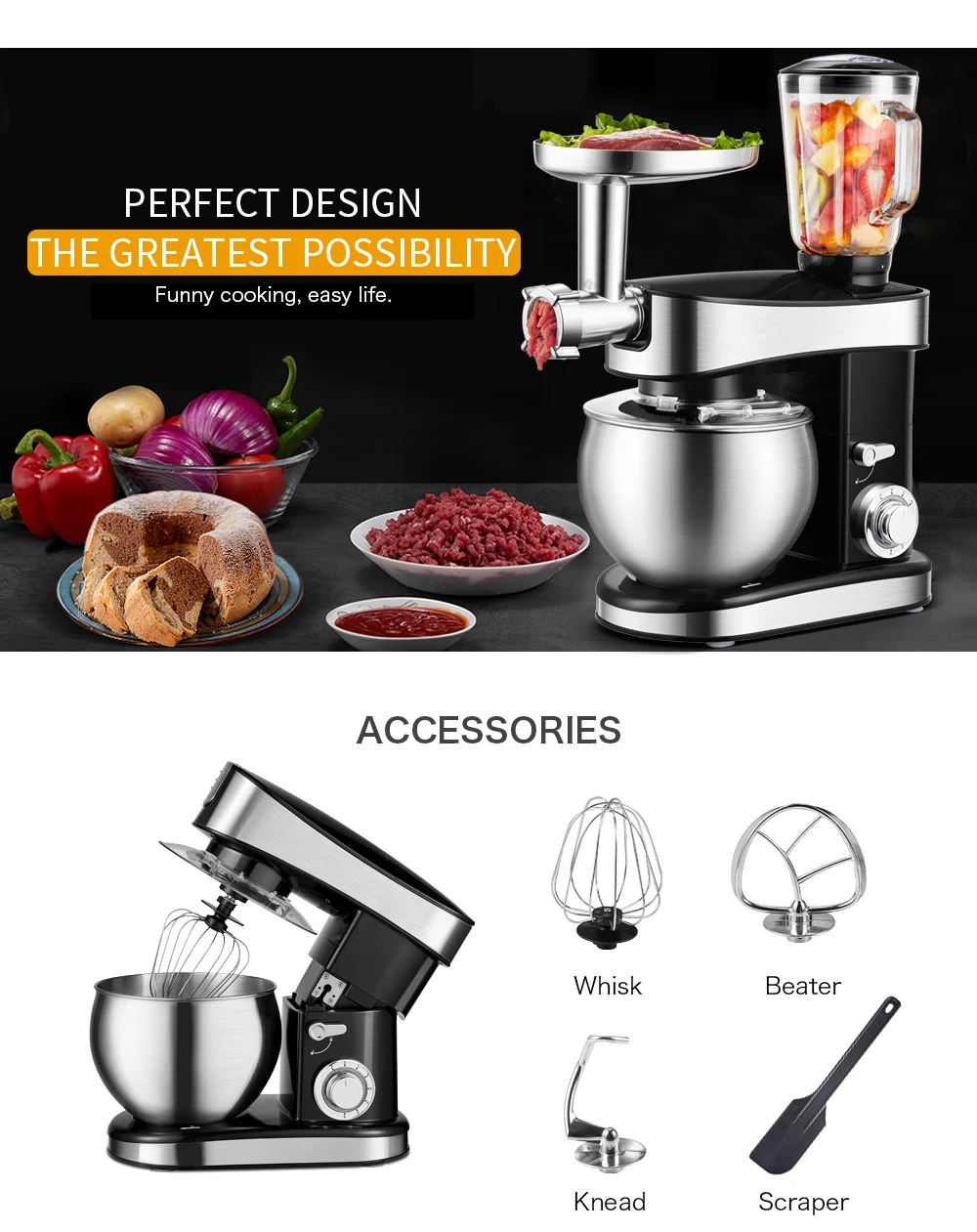 Zhoutu 1500W Planetary Mixer with 5.5L Stainless Steel Bowl ,Kitchen Stand Mixer Meat Grinder