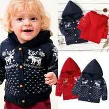 Рождественское вязаное пальто с длинными рукавами и капюшоном для маленьких мальчиков и девочек 0-24 месяцев, куртка-кардиган, свитера, одежда для малышей