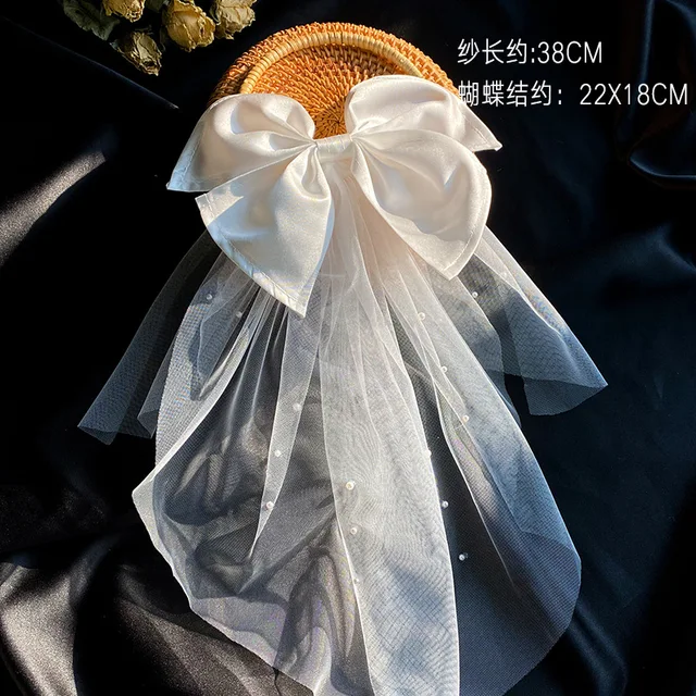 New Bow Veil Super Fairy Wedding Trip Shoot Photo White Satin Mesh Barrettes Bridal Hair Accessories 8