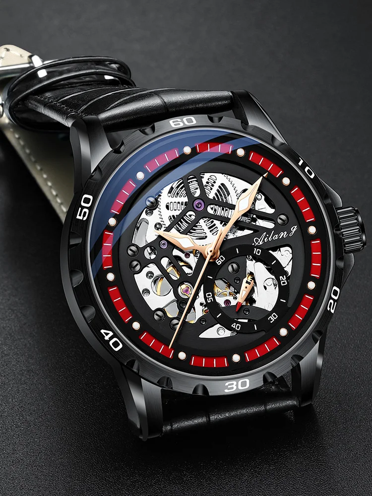 AILANG scheletro automatico meccanico da uomo di lusso impermeabile luminoso es cinturino in pelle da uomo cassa in acciaio nero_voghion.com