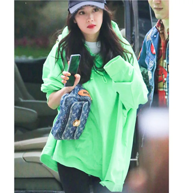 SNSD Kim Taeyeon Yang Mi style женские свободные флуоресцентные толстовки зеленого цвета толстовка корейский BF Стиль оверсайз с капюшоном топы пуловер