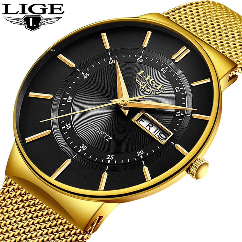 Online Reloj Masculino 2019 LIGE relojes nuevos para hombres reloj de cuarzo ultrafino de lujo de marca superior reloj de malla de acero para hombres reloj de oro resistente al agua