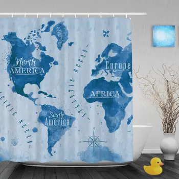 

Blue World Map Print Bathroom Shower Curtains Novelty Home Decor Collections Shower Curtain Waterproof Mildew Polyester Fabric