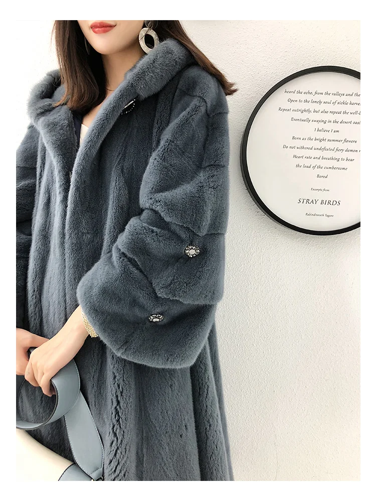 Real mink coat new winter style women length above the knee cap big skirt hem top fur