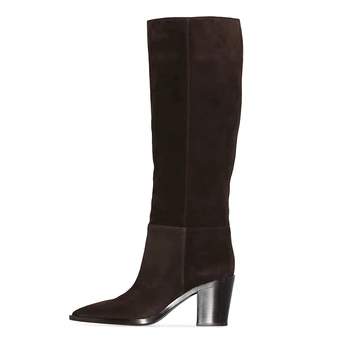 

Fashion Block Heel Boots Winter Knee High Suede Pointed Toe Boots Big Size Slip On High Quality Long Boots Heeled 7 cm Shoes