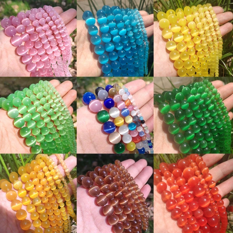 Natural Pink, White, & Blue Cat Eye Round Loose Beads for Jewelry Making - High-Quality Moonstone DIY Bracelet, 15 Strand