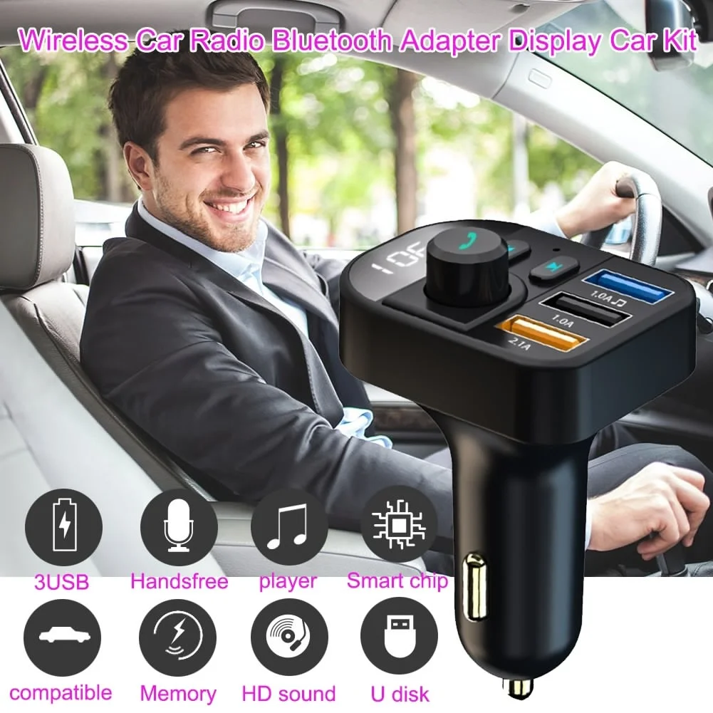 Автомобильный fm-передатчик Bluetooth адаптер дисплей Автомобильный комплект радио передатчик Поддержка TF карта автомобиля беспроводная зарядка bluetooth 3 usb порта - Название цвета: Black