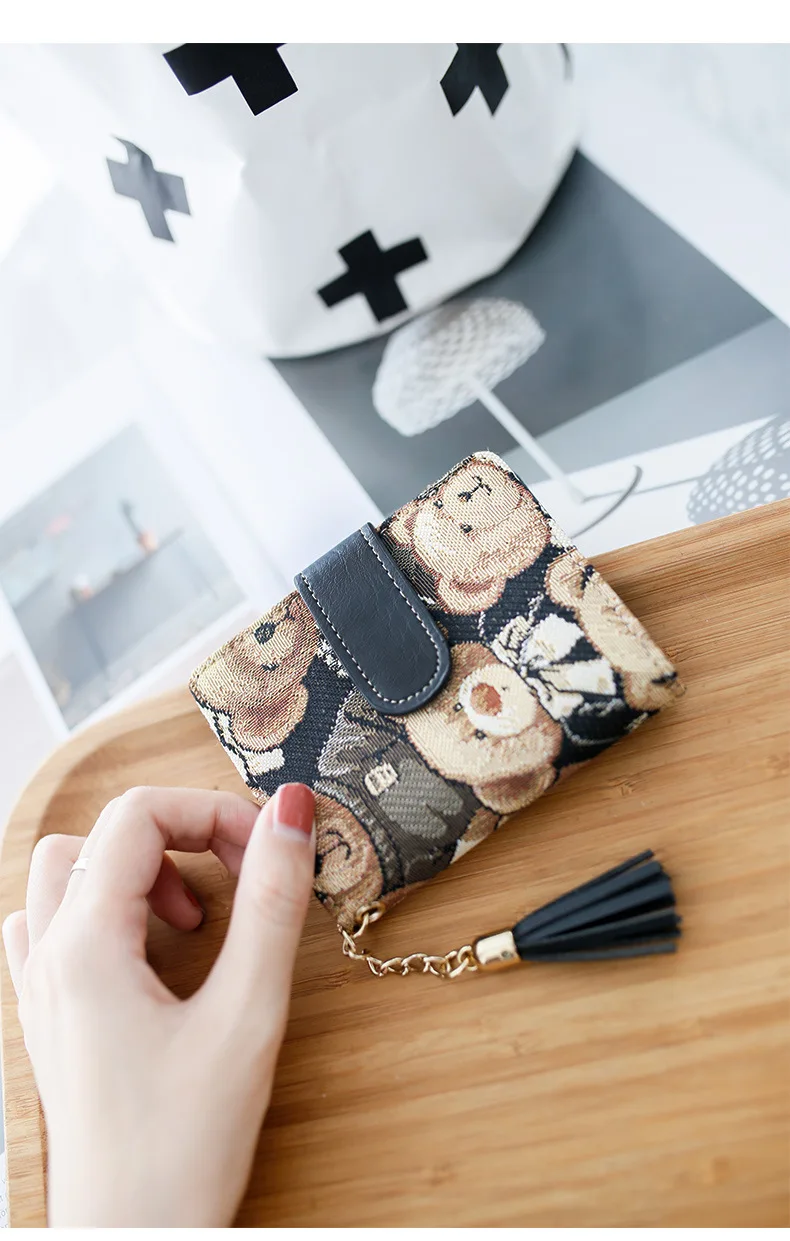 Autumn New Style Colorful Cotton Pu Embroidered Women's Multi-functional Card Holder Anime Cartoon Cute Little Bear Wallet