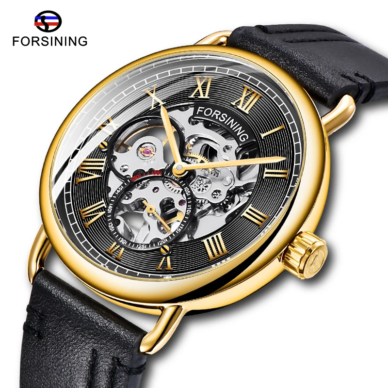 Люксовый бренд FORSINING золотой черный скелет мужские механические часы для мужчин