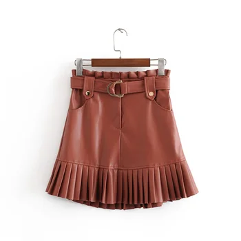 

New fashion trend of autumn women's wear in small pleated imitation leather mini-step cake skirt