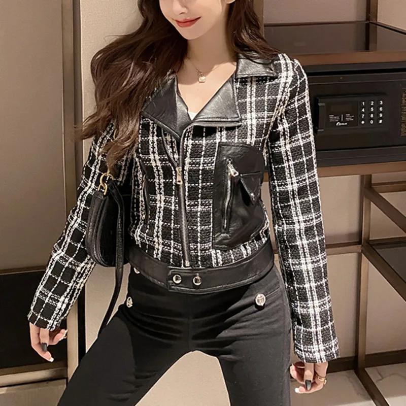 

Women's Jacket Autumn Winter New Korean Style Lapel Stitching Woolen Short Coat Female All-match Slim Fashion Zipper Outwear Top