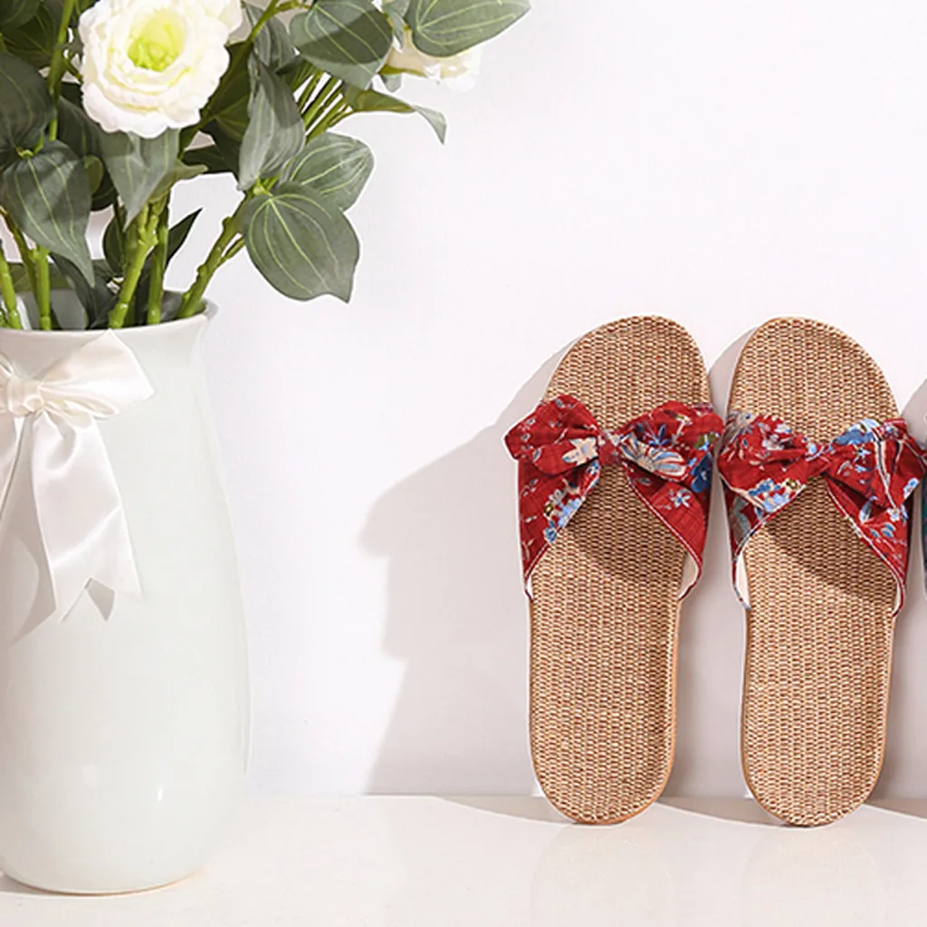 

Women Female Bowknot Flax Linen Flip Flops Beach Shoes Sandals Slipper Cotton Blend Round Toe Slip-On 2020 Shoes Women