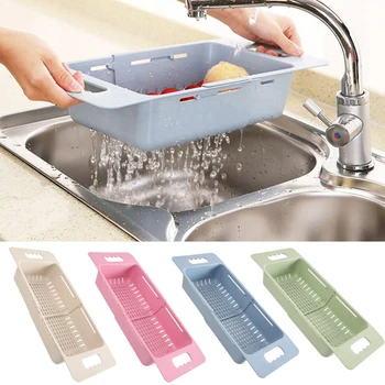 

New Adjustable Dish Drainer Sink Drain Basket Washing Vegetable Fruit Plastic Drying Rack Kitchen Accessories Organizer
