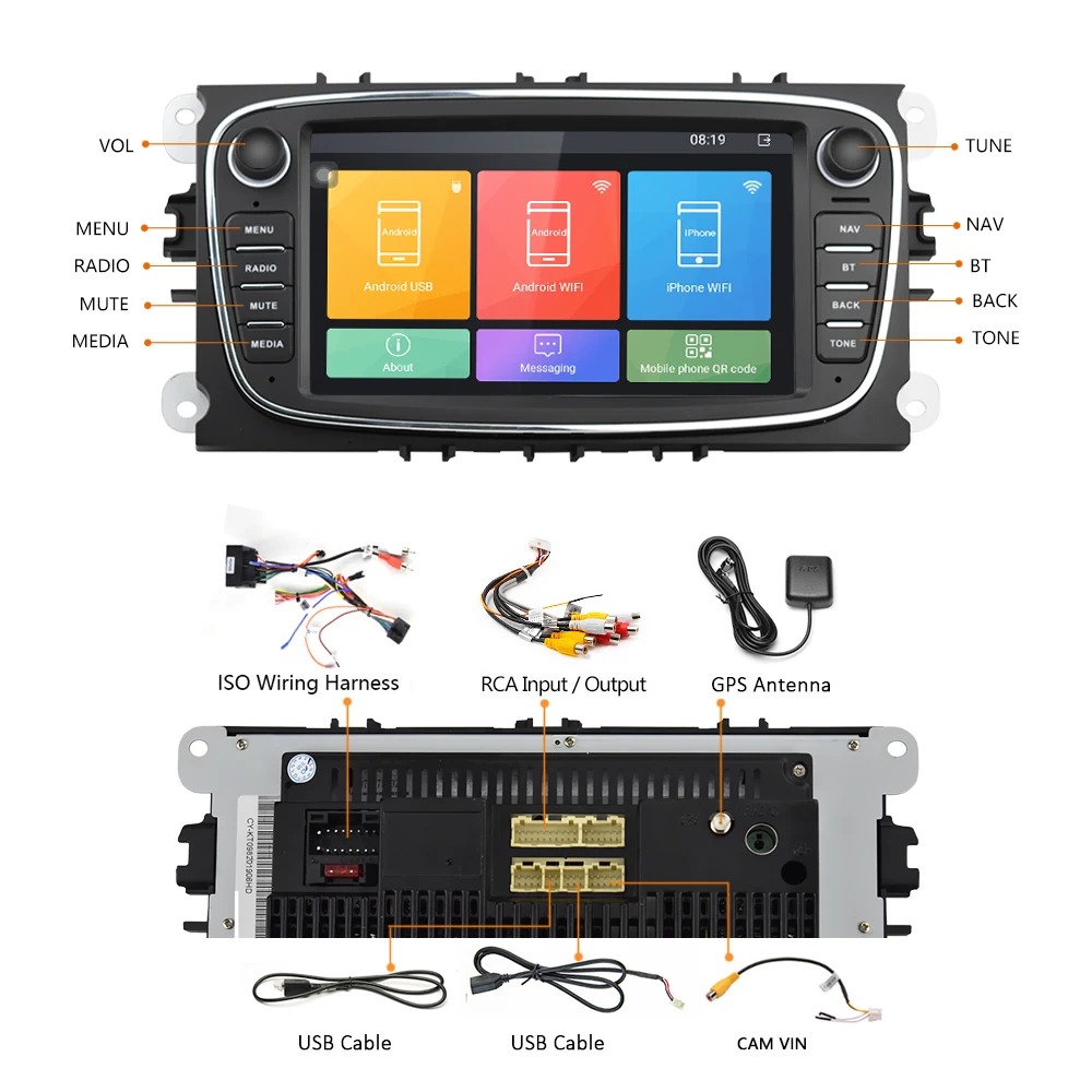 Podofo 2 Din автомагнитола " Android 8,1 Авторадио мультимедийный плеер gps wifi MP5 FM для Ford Focus Mondeo C-MAX S-MAX Galaxy II