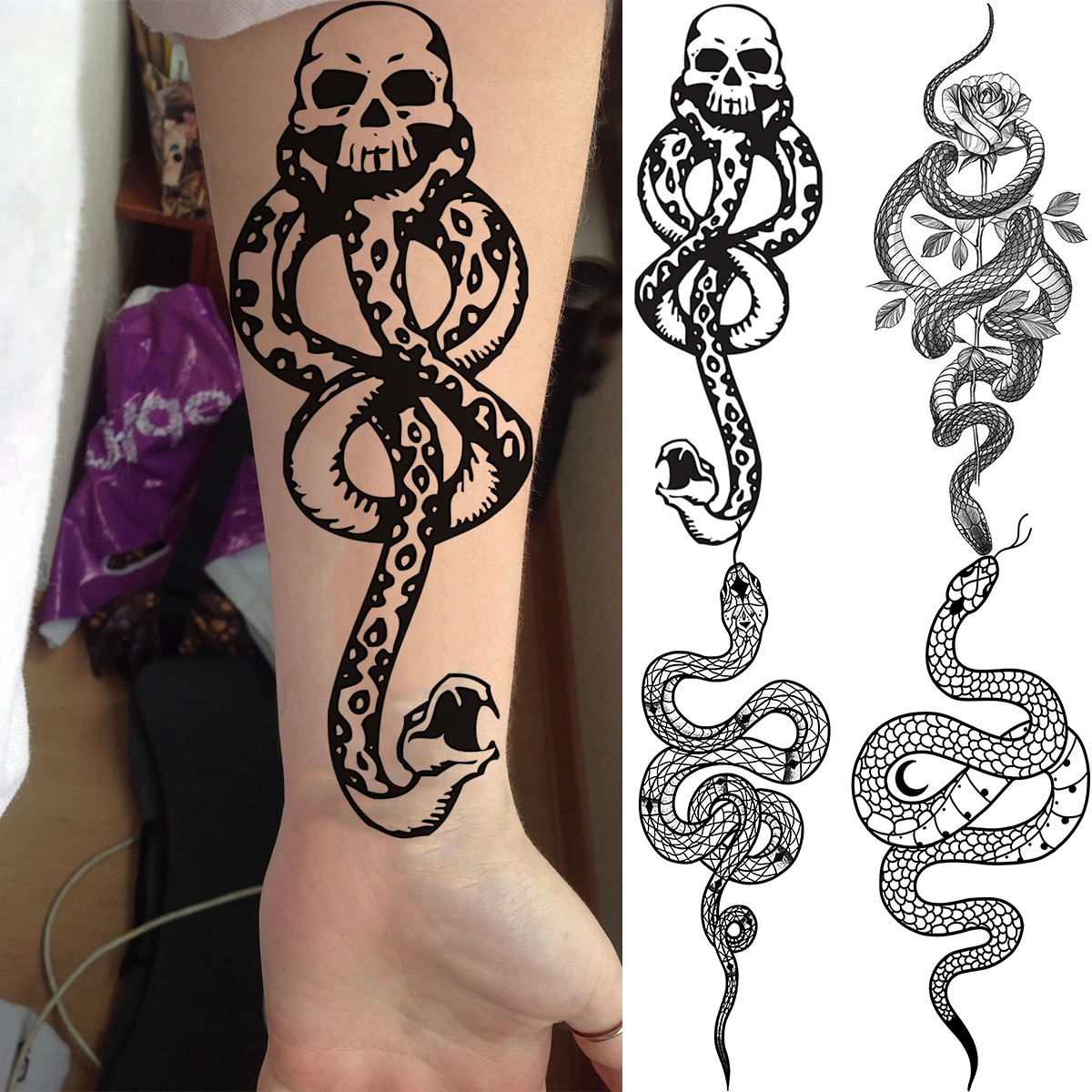 Tatouage Harry Potter Serpentard Tatouages Temporaires De Serpent Mamba Pour Femmes Et Hommes Adultes, Faux  Tatouage Réaliste Avec Des Mangeurs De Mort Magiques - Temporaire Tatouages  - AliExpress
