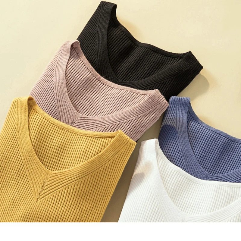 Pullover Knit Sweater Women Winter Clothes Women Jumper V Neck Soft Rib Knitted Winter Tops Knitwear Pull Femme Sweaters
