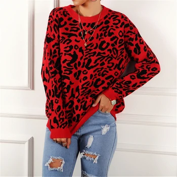 

2019 Fashion Loose Knit Leopard Print Sweater New Long Sleeve Sweater Jumper Pullover