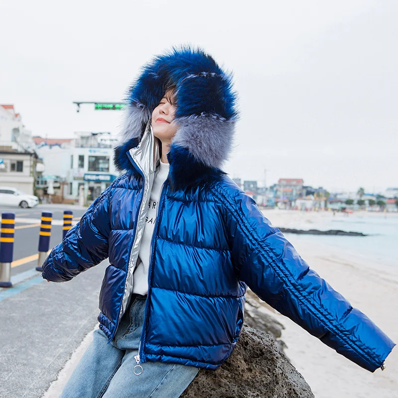 New Fashion Women Glossy Short Silver Down Jackets Big Colorful Fur Collar Hooded Coat Parka Jacket Warm Womens Winter | Женская одежда