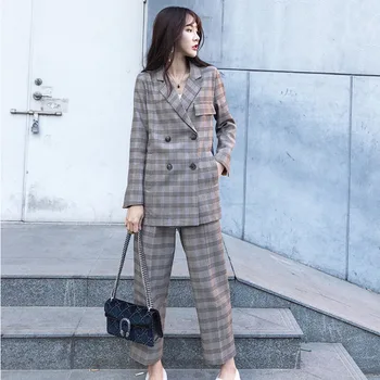 

LANMREM Double-breasted Plaid Long-sleeved Blazer Trousers Woman Suit Vintage Casual Fashion 2020 Spring New TV301