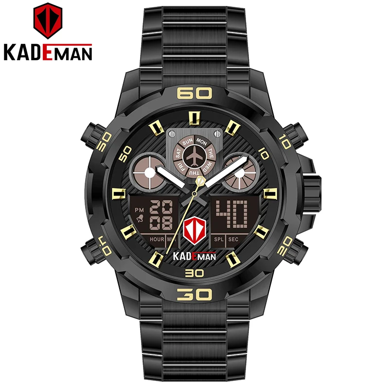 KADEMAN новые спортивные мужские часы лучший бренд класса люкс двойной дисплей наручные часы водонепроницаемые военные мужские из нержавеющей стали Relogio Masculino - Цвет: K6163-B-Y-B