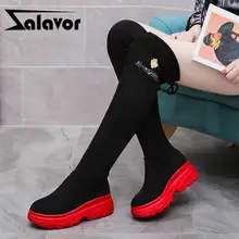 ZALAVOR/высокие сапоги до бедра; зимняя теплая растягивающаяся обувь на меху; женская обувь на толстой платформе со шнуровкой; обувь на танкетке; Размеры 35-40