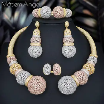 

ModemAngel African Bangle Rings Set For Women With Cubic Zirconia Copper Necklace Earrings Bracelet Ring Full Set