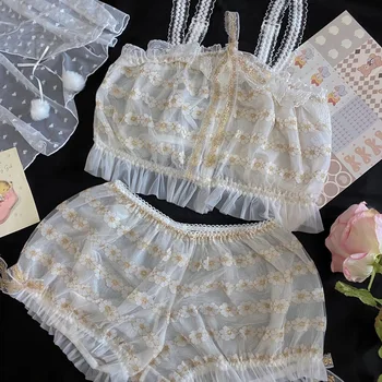 

Girl retro Japanese flower embroidery private night gown suit transparent sexy pajamas lace mesh thin lingerie pants set