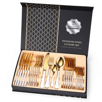 

24pcs White Gold Cutlery Set Fork Spoon Knife Tableware Set 18/10 Stainless Steel Dinner Dinnerware Set Holiday Wood Gift Box