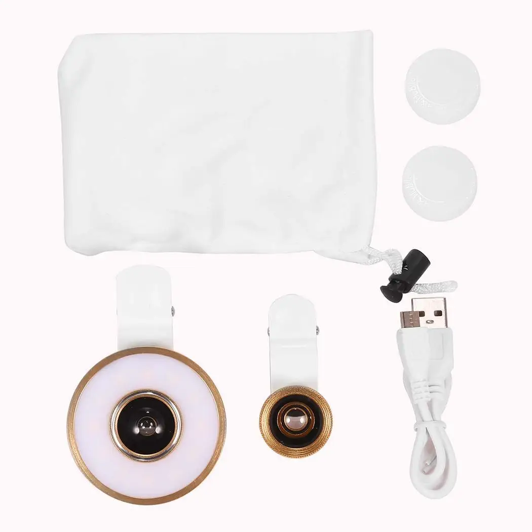 6 In 1 Clip On LED Light Fisheye Smartphones, Tablet PC 300pcs Wide Angle Macro Lens Kit For Smartphones
