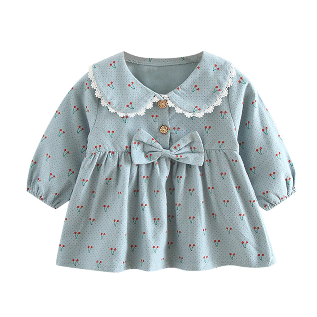 Платье принцессы с длинными рукавами для маленьких девочек; Осенняя праздничная одежда для маленьких девочек с бантом и принтом вишни; платья для новорожденных; vestido infantil - Цвет: Blue