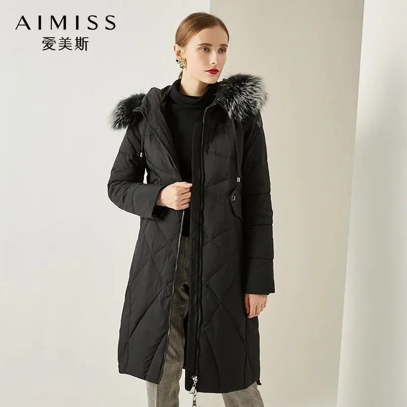 AIMISS Новая модная женская черная пуховая куртка с капюшоном, с перьями, на молнии, свободная теплая верхняя одежда