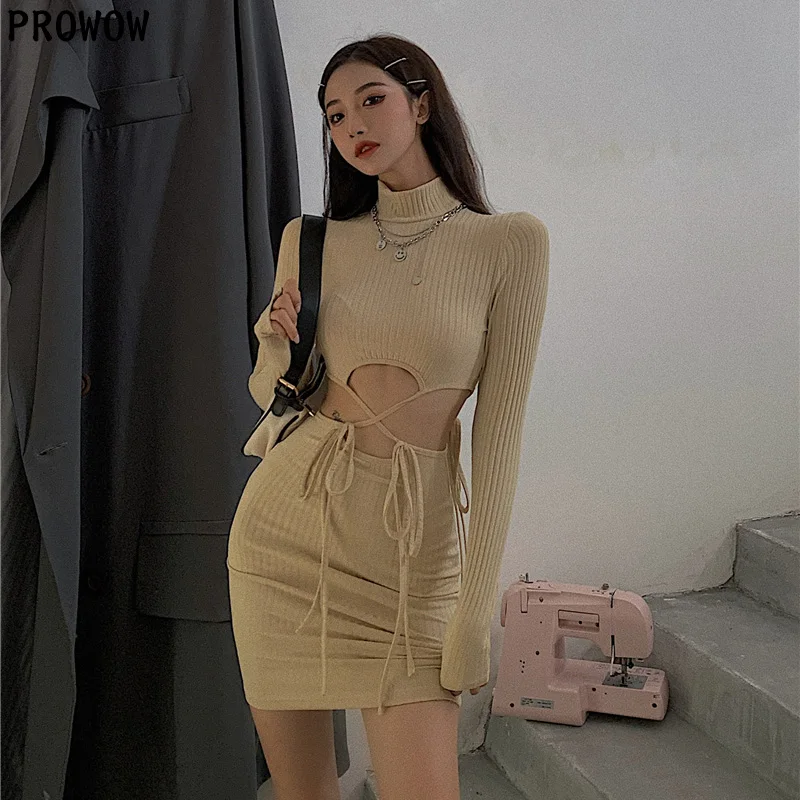 

2020 Autumn Fashion Hollow Out Waist Sweater Dress Women Vintage Slim Knitted Dress Female Casual Bodycon Mini Dress Robe Femme