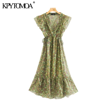 

KPYTOMOA Women 2020 Chic Fashion Floral Print Ruffled Midi Dress Vintage Elastic Waist Drawstring Tie Female Dresses Vestidos