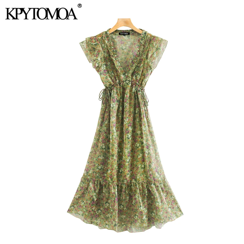 KPYTOMOA Women 2020 Chic Fashion Floral Print Ruffled Midi Dress Vintage Elastic Waist Drawstring Tie Female Dresses Vestidos KPYTOMOA Women 2020 Chic Fashion Floral Print Ruffled Midi Dress Vintage Elastic Waist Drawstring Tie Female Dresses Vestidos
