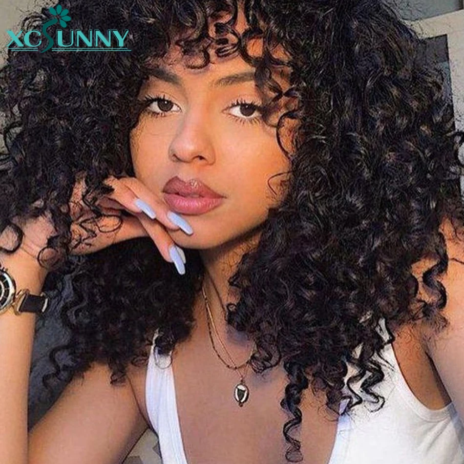 Deep Curly Human Hair Wig With Bangs O Silk Scalp Top Full Machine Made Remy Brazilian 18inch For Women xcsunny | Шиньоны и парики