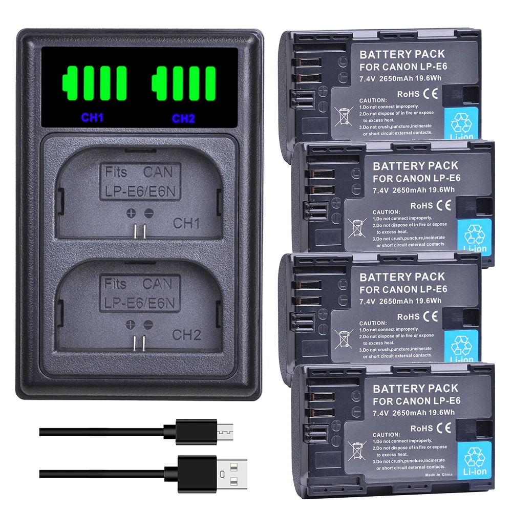 2650mAh LP E6 LPE6 Bateria LP-E6 E6N Camera Battery + Dual Charger For Canon EOS 5D Mark II III 50D 6D 60D 7D 70D 80D 90D EOS R
