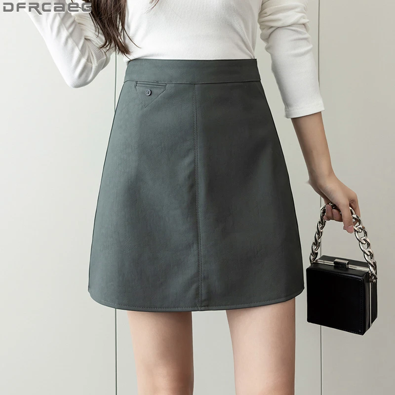 

Elegant A-Line Mini Skirts Women Autumn Winter PU Faux Leather Jupe Femme Vintage High Waist Skirt Shorts Black Brown Green Saia