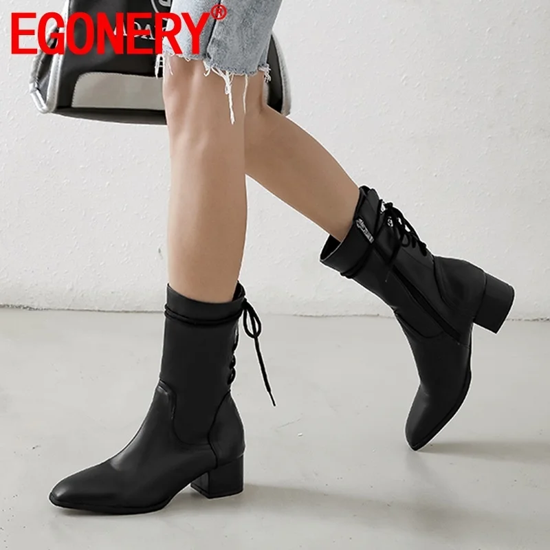 

EGONERY 2019 winter new concise mid calf boots outisde mid heels cross-tied zip square toe women shoes drop shipping size 34-45