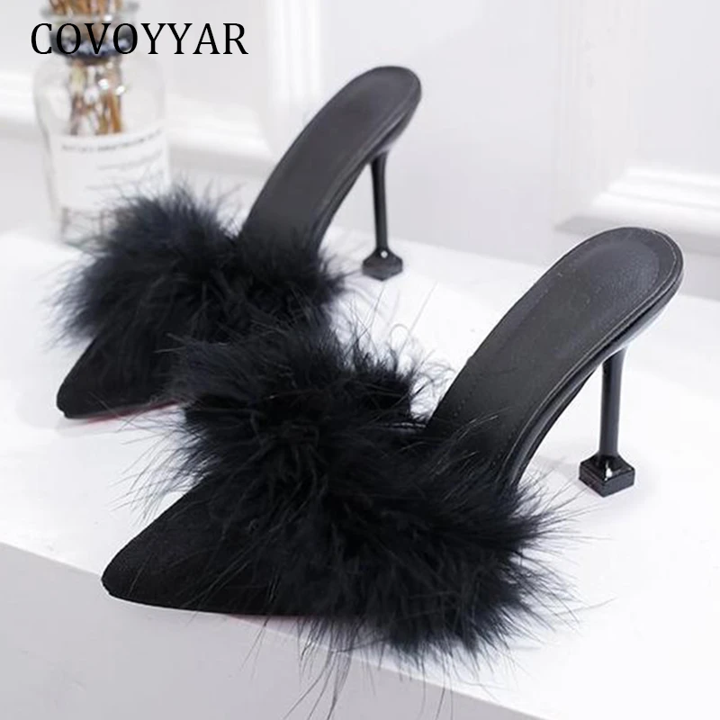 COVOYYAR Womens Feather Thin High Heels Peep Toe Fur Slippers Mules Lady Pumps Slides