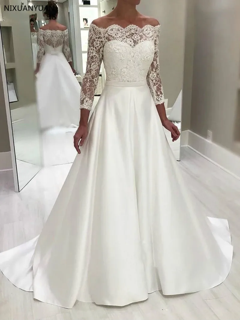 Flash Sale Classic Satin A Line Wedding Dresses Off Shoulder Long Sleeve Button Back Vestido De Novia Bridal Gowns Wedding Gowns