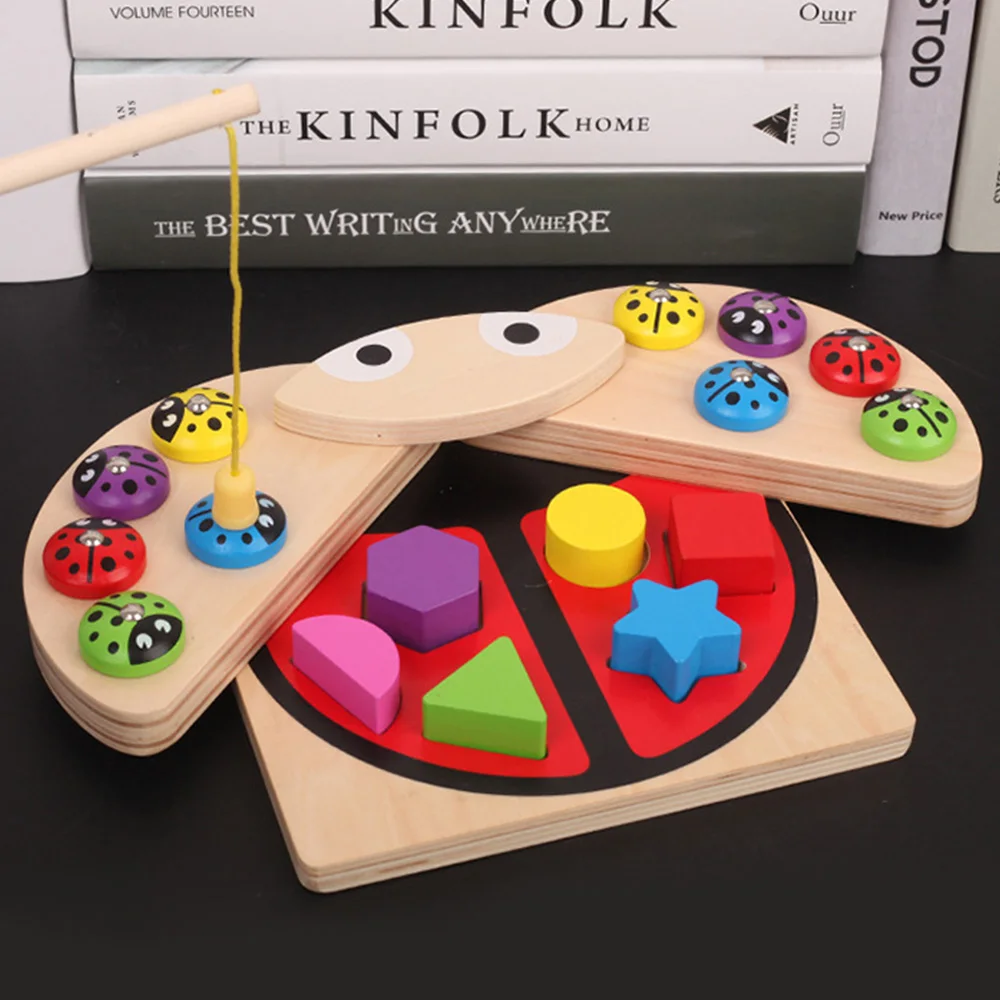 Деревянные развивающие игрушки Божья коровка игра разноцветный блок формы Обучающие игрушки настольная игрушечная Рыбалка для детей Подарки