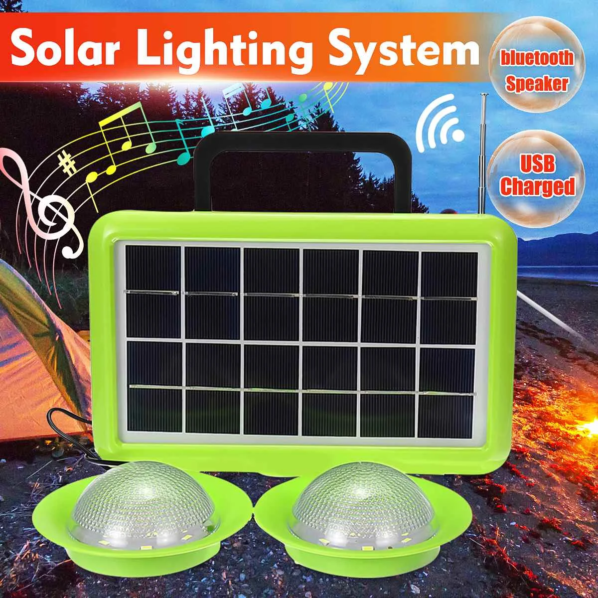 

Outdoor Emergency USB Charging Portable Solar Electric Generator with bluetooth Wireless Stereo Speaker and 2PCS LED Light Bulbs